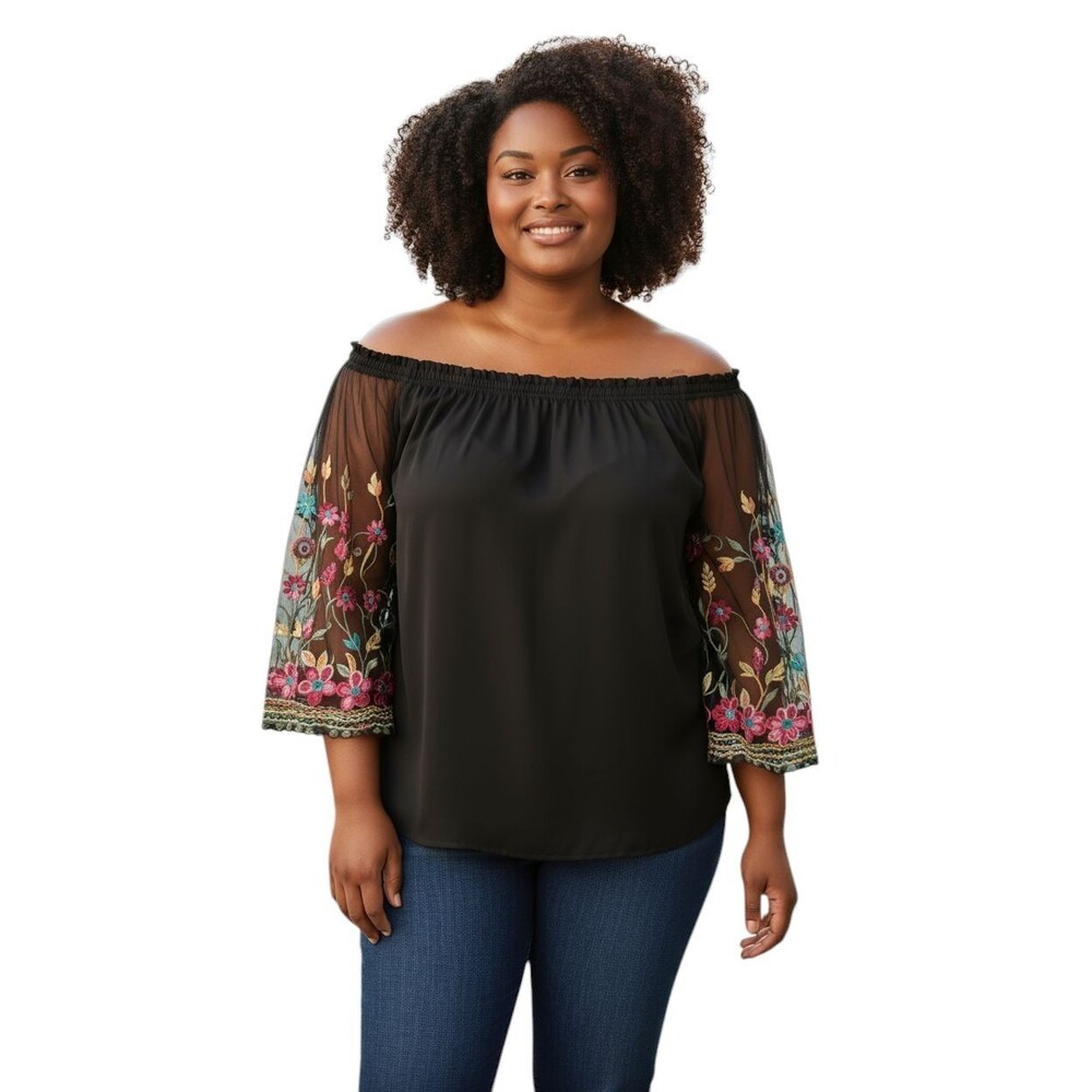 Sheer Whimsygoth Black Tunic Plus 4XL Floral Embroidered Dark Fairy Boho Summer